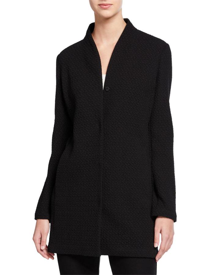Petite Chevron Button-front Long Jacket With High-collar