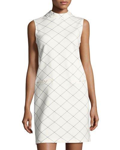 Pont&eacute; Windowpane-print Shift Dress, White/blue