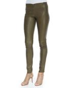 Lamb Leather Front-zip Leggings, Forest Green