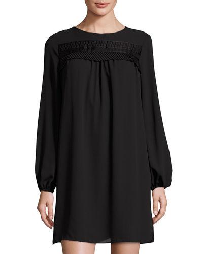 Ruffled-trim Long-sleeve Georgette Dress