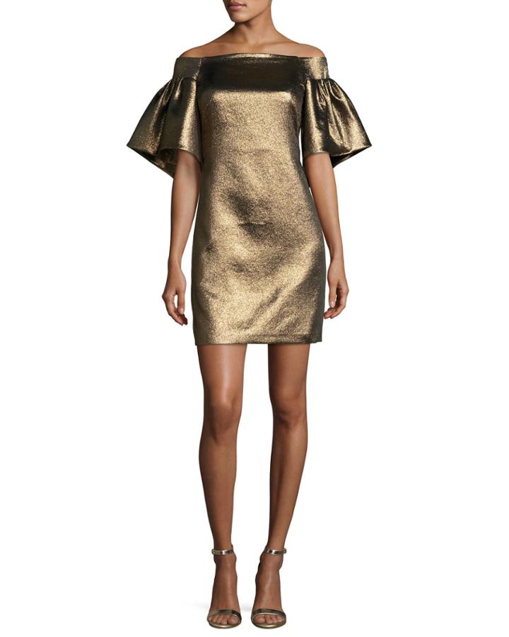 Off-the-shoulder Metallic Full-sleeve Cocktail Dress