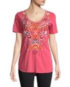 Anaya Short-sleeve Embroidered Top, Coral
