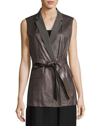 Scarlet Tailored Leather Tie-waist Vest, Gray