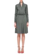 Long-sleeve Mock-neck A-line Shirtdress, Algae