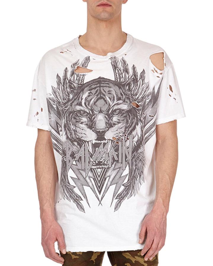 Distressed Tiger Head Logo T-shirt, White