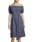 Short-sleeve Off-the-shoulder Belted Dress