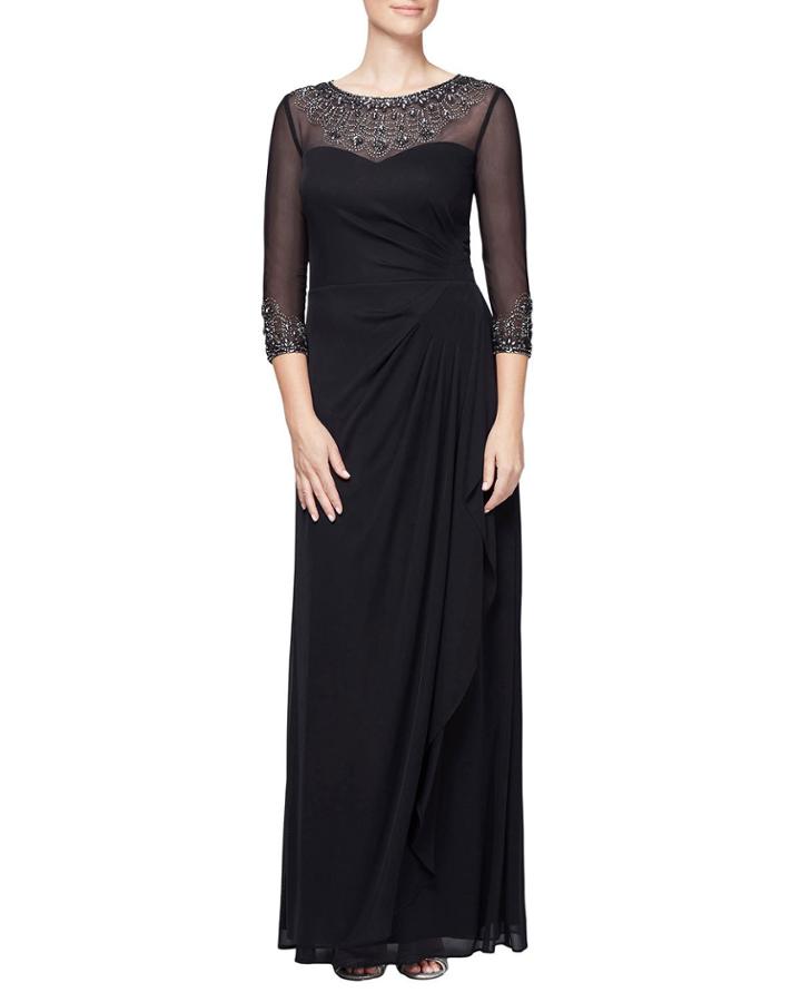 Beaded Sweetheart Illusion 3/4-sleeve Ruched Gown