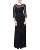 Beaded Sweetheart Illusion 3/4-sleeve Ruched Gown