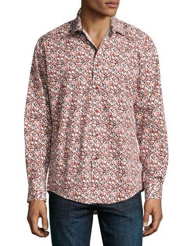 Circle-print Button-front Sport Shirt, Burgundy