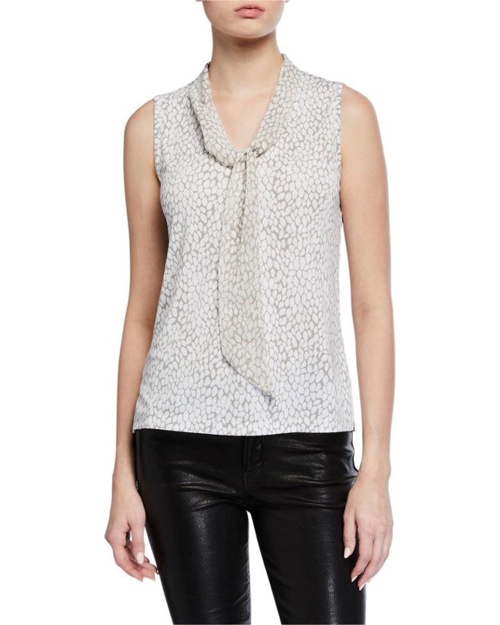 Tie-neck Sleeveless Printed Blouse