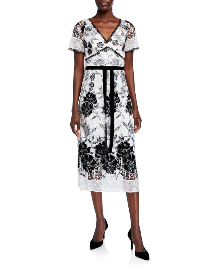 Floral Velvet Embroidered & Guipure Lace Short-sleeve