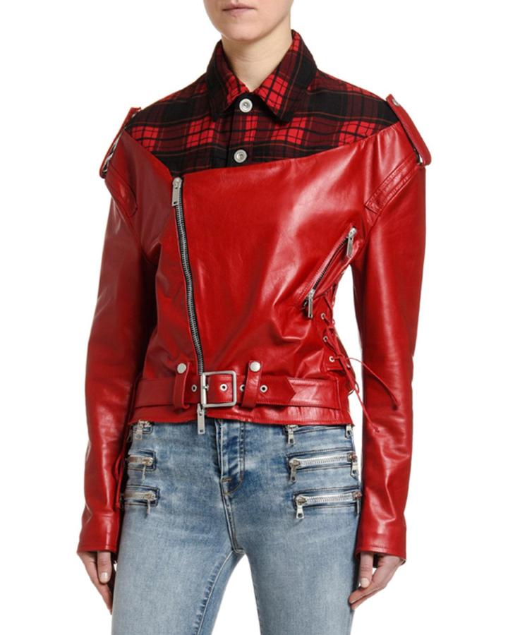 Flannel-collar Faux-leather Biker Jacket
