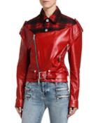 Flannel-collar Faux-leather Biker Jacket