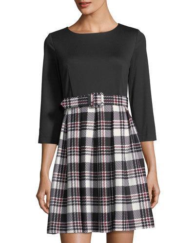 3/4-sleeve Belted Pleated Plaid Dress