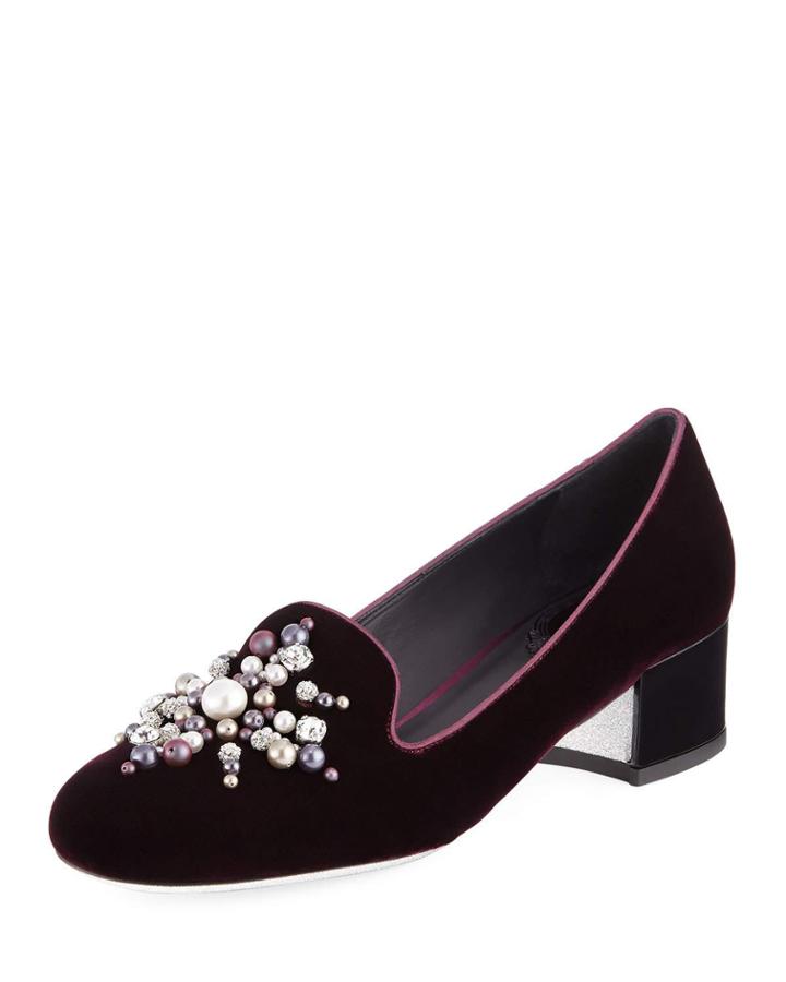 Velvet Pearlescent Loafer Pump, Burgundy