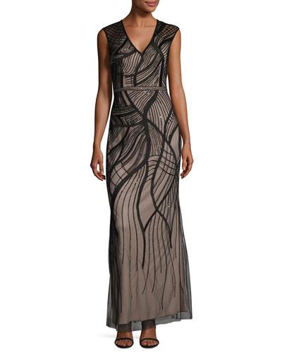 Bead-embellished Embroidered Gown, Black Pattern