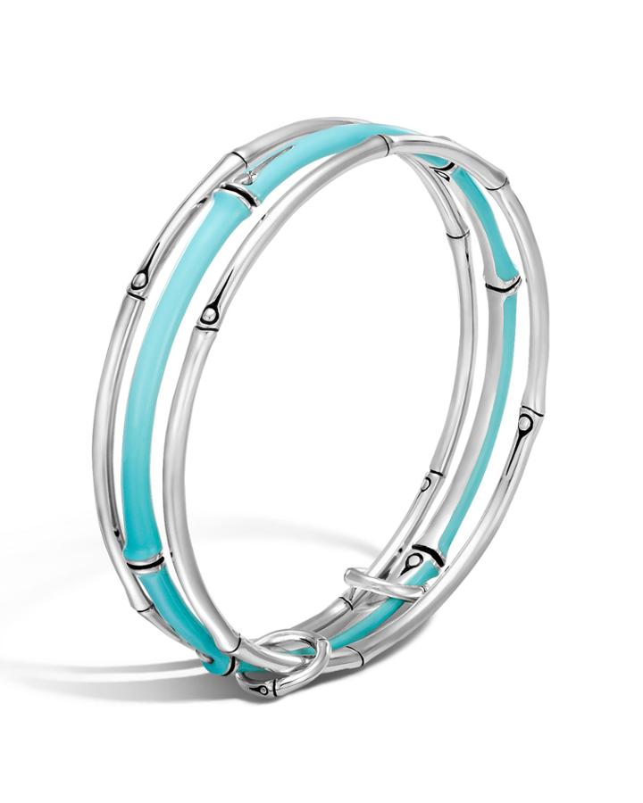 Three-row Linked Bamboo Bangle With Turquoise-hued Enamel,