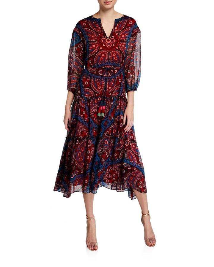 3/4-sleeve V Neck Midi Peasant Dress