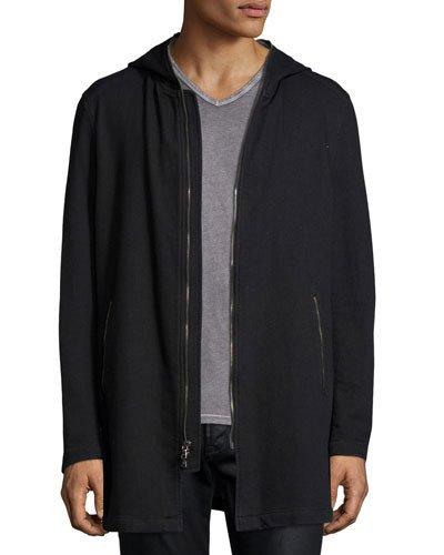 Long-line Knit Front-zip Hoodie, Black