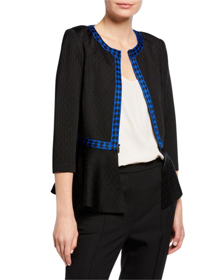 Tangier Knit 3/4-sleeve Zip-front Peplum Jacket W/ Novelty Trim