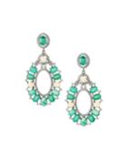 Silver Open-oval Drop Earrings With Green Emerald & Diamonds