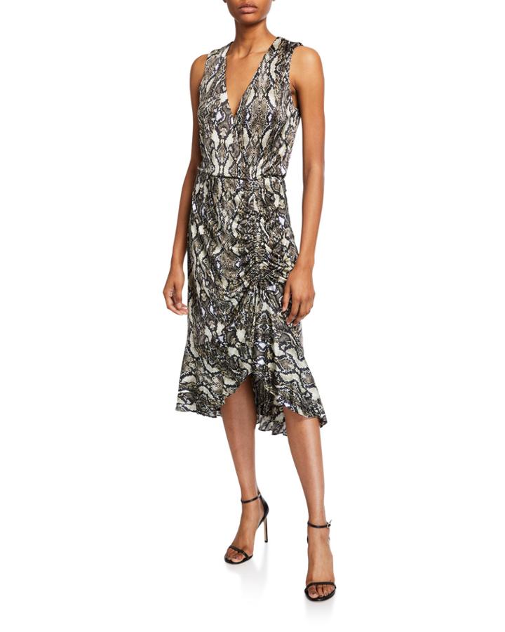 Briony Python-print Ruched Ruffle Dress