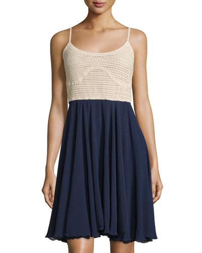 Sleeveless Crochet & Gauze Fit-and-flare Dress,