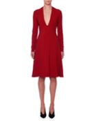Deep-v Long-sleeve Fit-and-flare Stretch-cady Dress