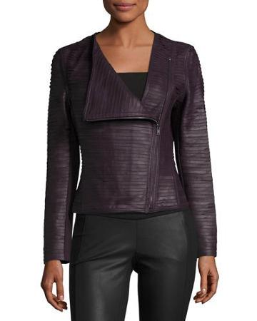 Asymmetric-zip Leather Striped Jacket, Burgundy