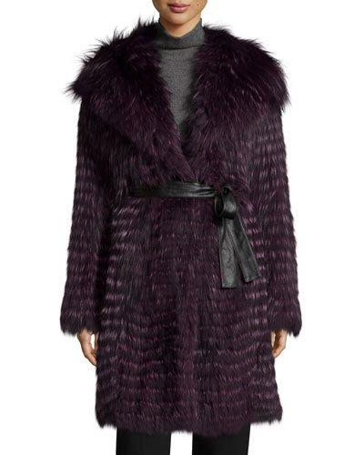 Belted Fox-fur Long Parka Coat, Violet