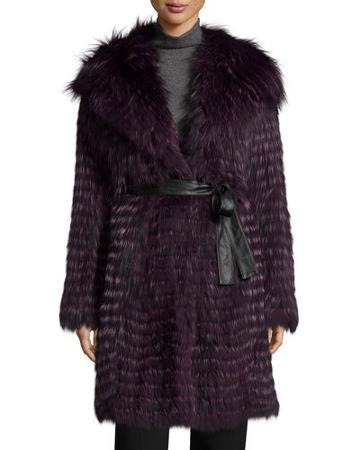 Belted Fox-fur Long Parka Coat, Violet