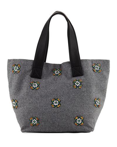 Large Crystal-embellished Wool Tote Bag, Gray