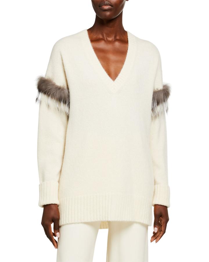 Fur-trim V-neck Cashmere-silk Pullover