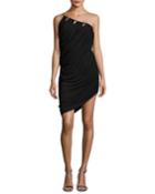 One-shoulder Asymmetric Draped Jersey Short Dress, Black