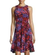 Sleeveless Silk Floral-print Dress, Burnt Red