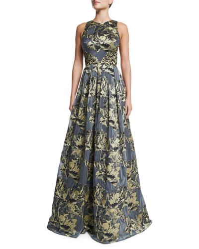 Sleeveless Metallic Floral Ball Gown