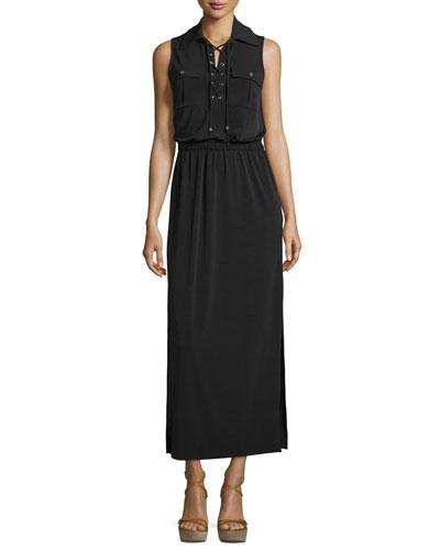 Sleeveless Maxi Lace-up Dress, Black