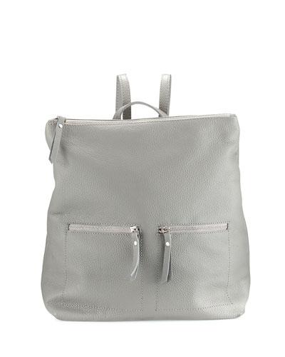 Zip-pocket Square Leather Backpack, Gray