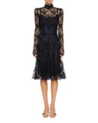 Floral Lace Mock-neck Dress, Navy