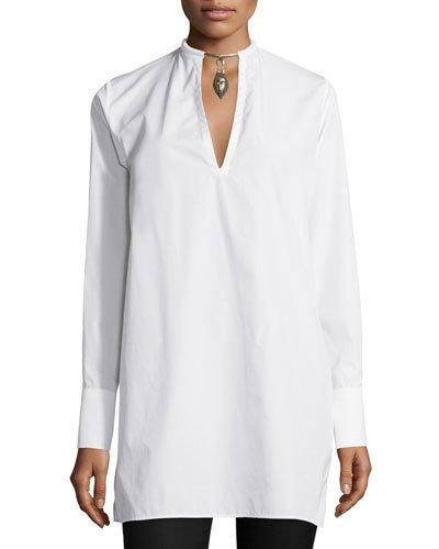 Long-sleeve Blouse W/warrior Necklace, White