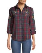 Viola Floral Embroidered Plaid Button-down