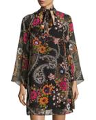 Floral-print Self-tie Tunic Dress, Black