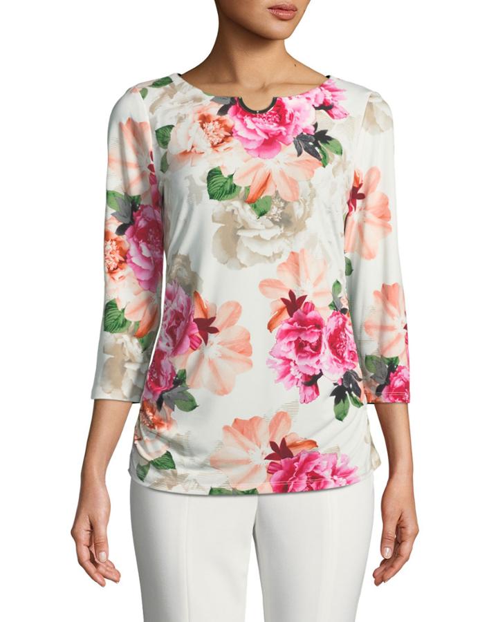 3/4-sleeve Floral-print Jersey Tee