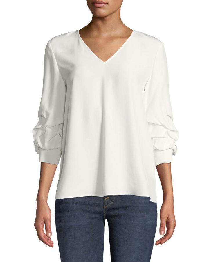 Leland Gathered-sleeve Silk Blouse, White Cloud