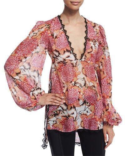 Kiku Floral-print Long-sleeve Caftan, Off White