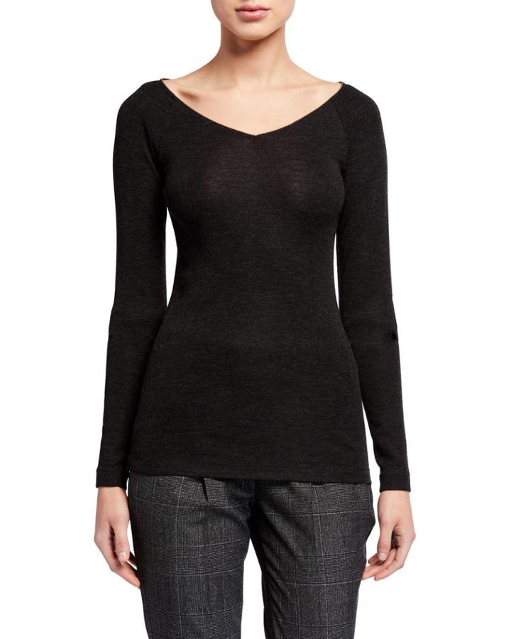 V-neck Long-sleeve Wool Jersey Sweater W/