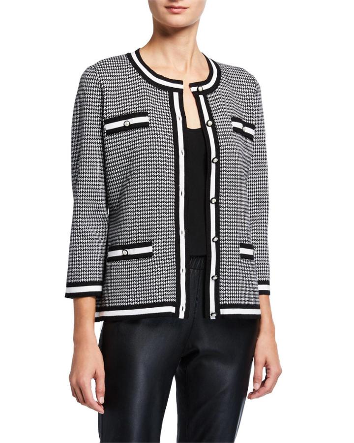 Houndstooth 3/4-sleeve Sweater Cardigan