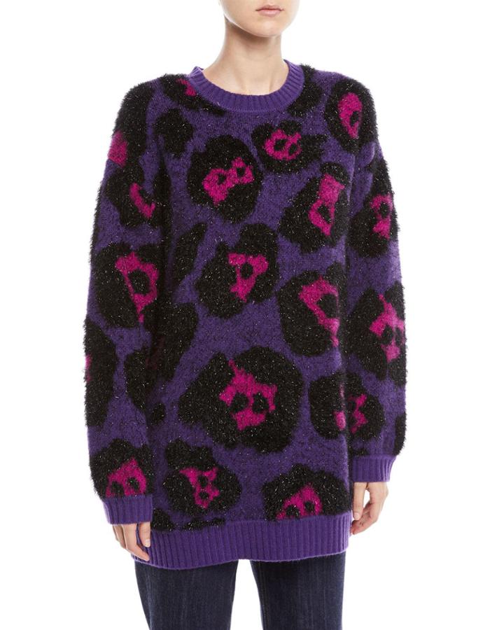 Leopard-jacquard Metallic Long-sleeve Crewneck Tunic