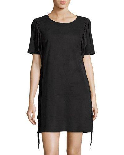 Faux-suede Side-fringe Dress, Black