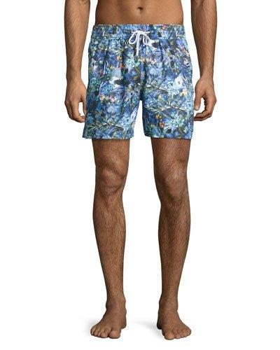 Floral-print Swim Trunks, Blue Pattern